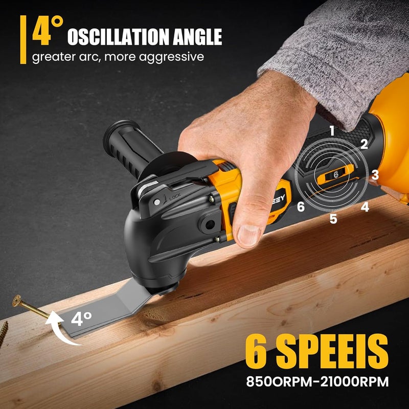 RAYLEEY Oscillating Multi-Tool Kit Compatible With DEWALT 20V Battery,Cordless Oscillating Tools With Brushless Motor,6 Speed,22PCS Accessories,4° Oscillation Angle for Cutting/Grinding/Sanding(Tool Only) - Image 4